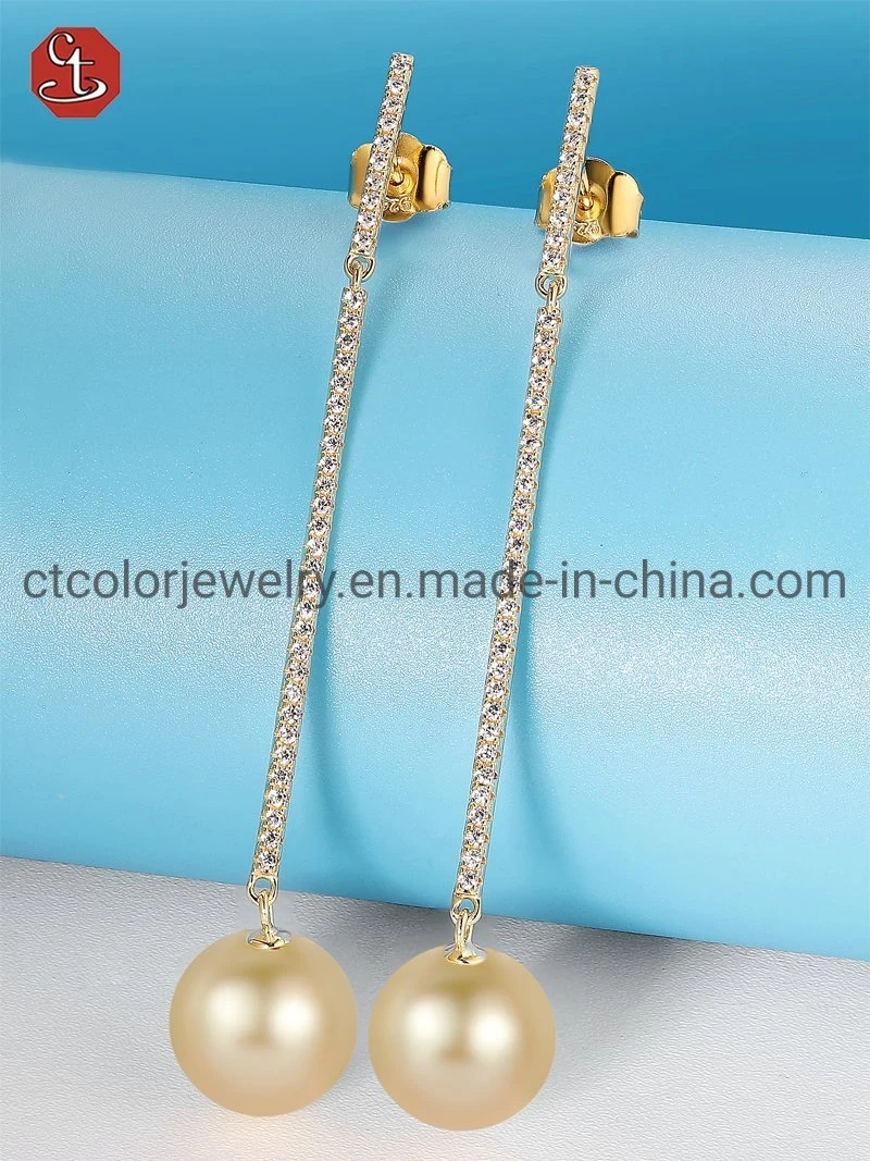 925 Silver Jewelry Earring with Champagne Pearl, 14/18K Gold Plated For Women