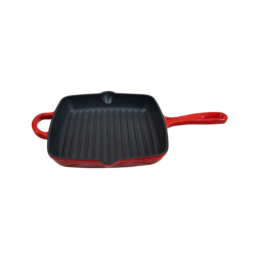 Enameled Cast Iron Cookware Square Frying Pan with Red Enamel Handles