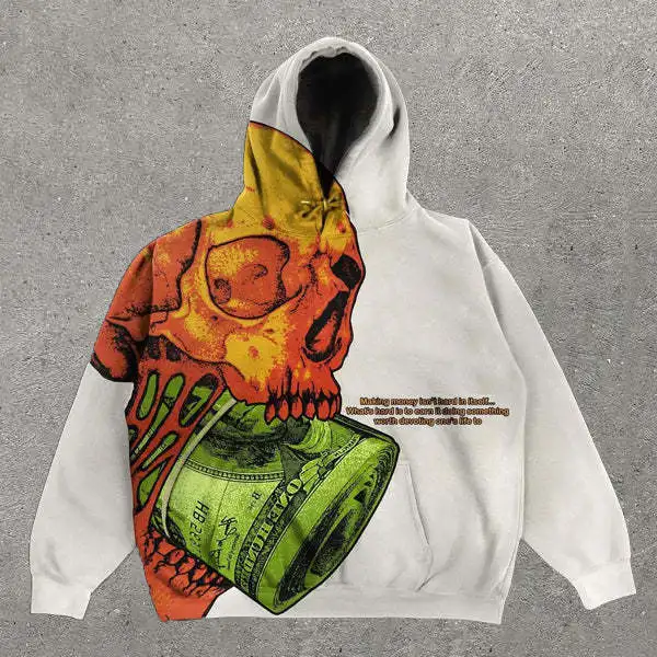 Men's Loose Fit Bulk Quantity Customized Print Skeleton Screen Print Hoodies Unisex Street Style Hoodie for Men's Clothing