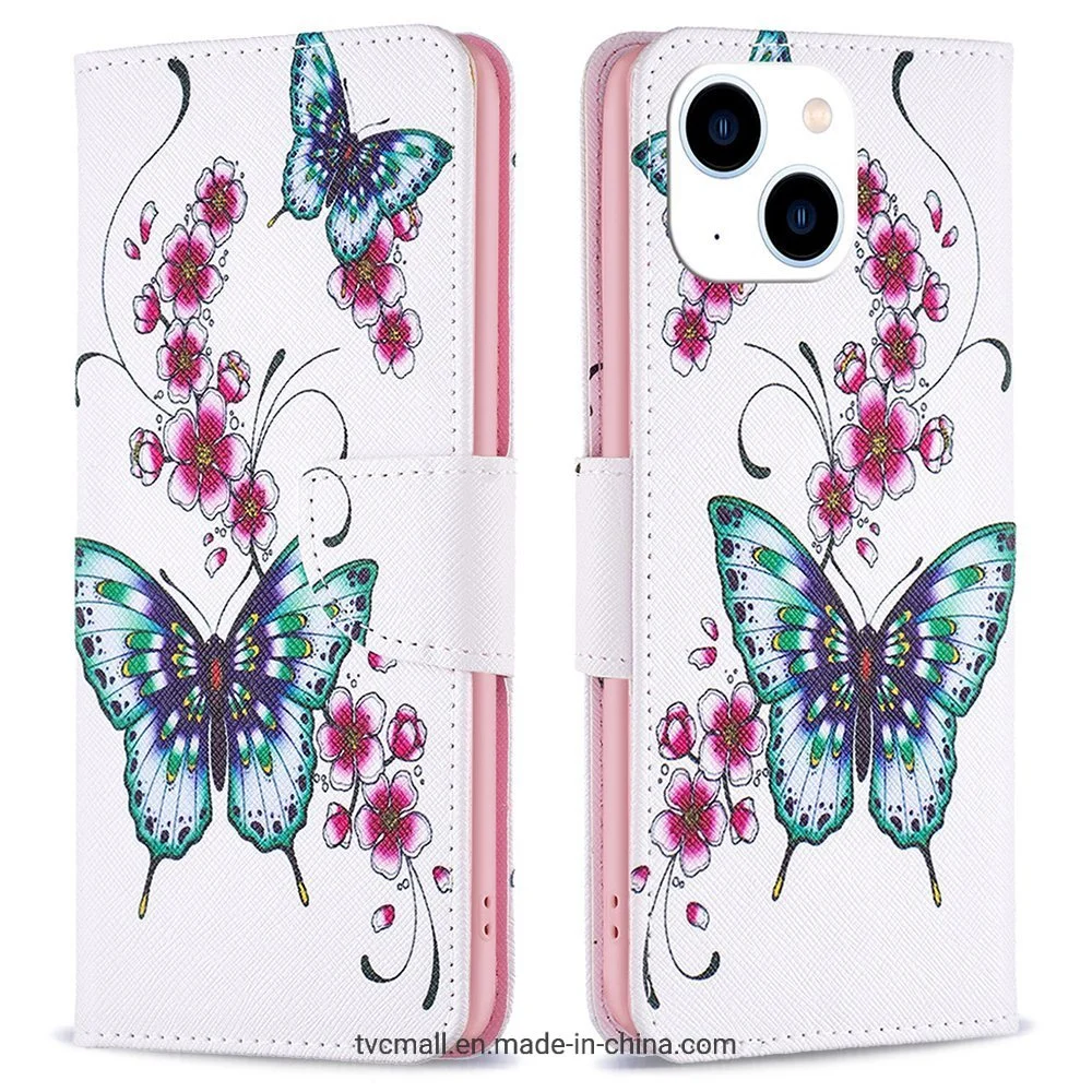 Bf Pattern Printing Leather Series-2 for iPhone 14 6.1 Inch PU Leather Cover Stand Wallet Full Protection Inner TPU Phone Case - Peach Blossom and Butterflies