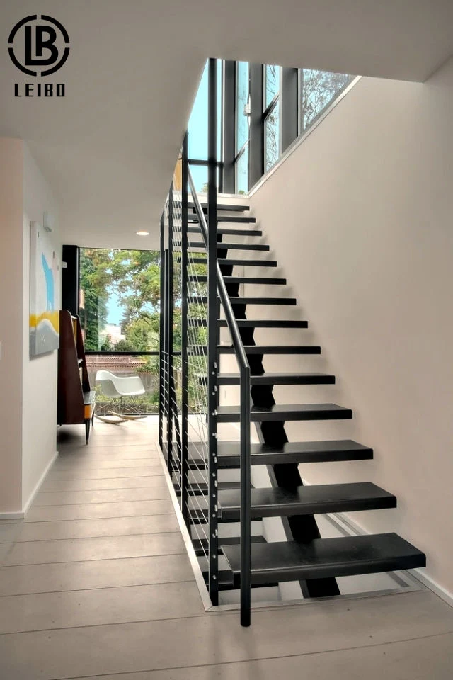 Indoor Steel Structure Support Straight Stairs with Timber Stairs Glass Balustrade Metal Staircase