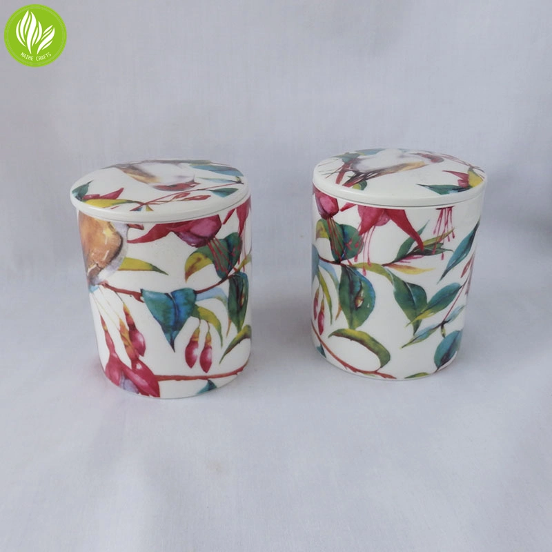 Hot Selling Flower Design Decal Glossy Glaze Ceramic Candle Jar Candle Vessel