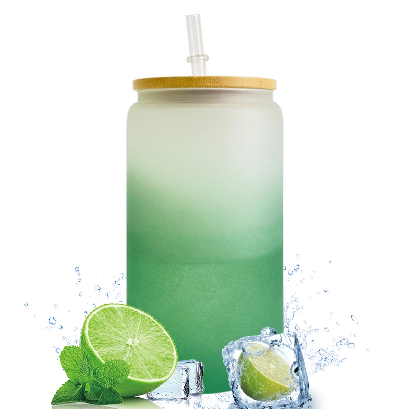 USA Warehouse 16oz Color Change Glass Can Can Shaped Drinkware with Bamboo Lid and Straw for White Sublimation Transfer