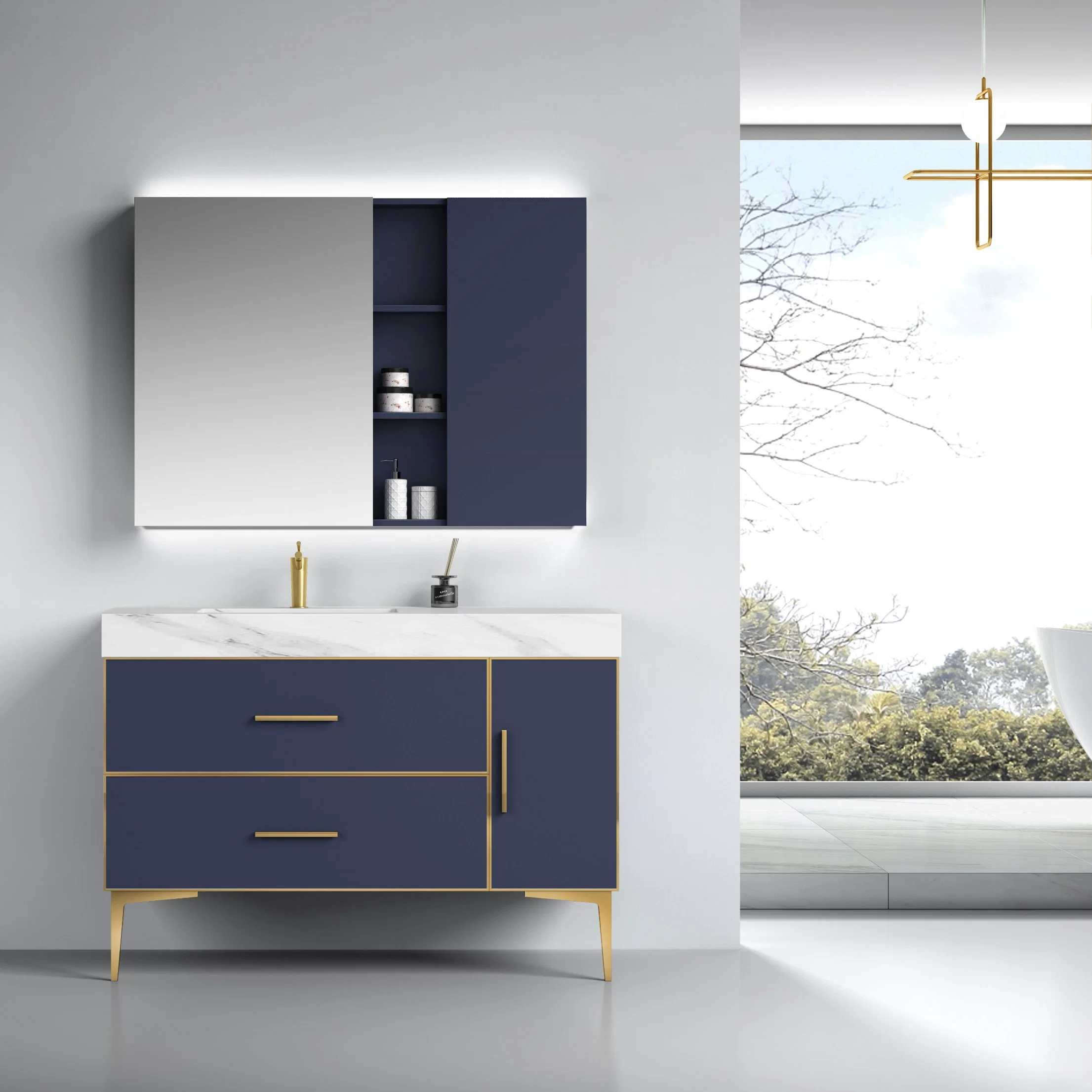 Modern Blue Color Wall Mounted Wash Basin Bathroom Cabinet