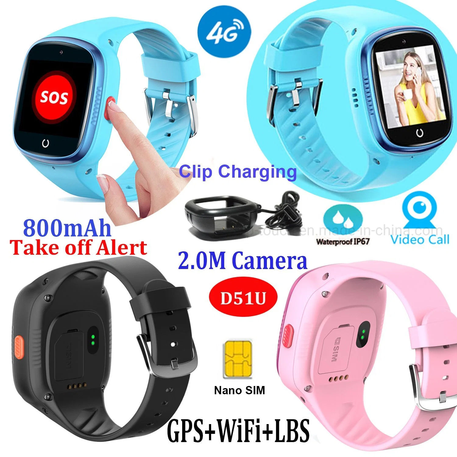 4G LTE Network IP67 Waterproof Nano SIM Card Slot Phone Watch Tracker GPS with Removal Notification D51U