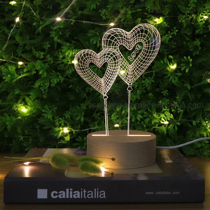 Outlet Laser Engraving Acrylic LED Wooden Table Lamp Night Light with USB Cable