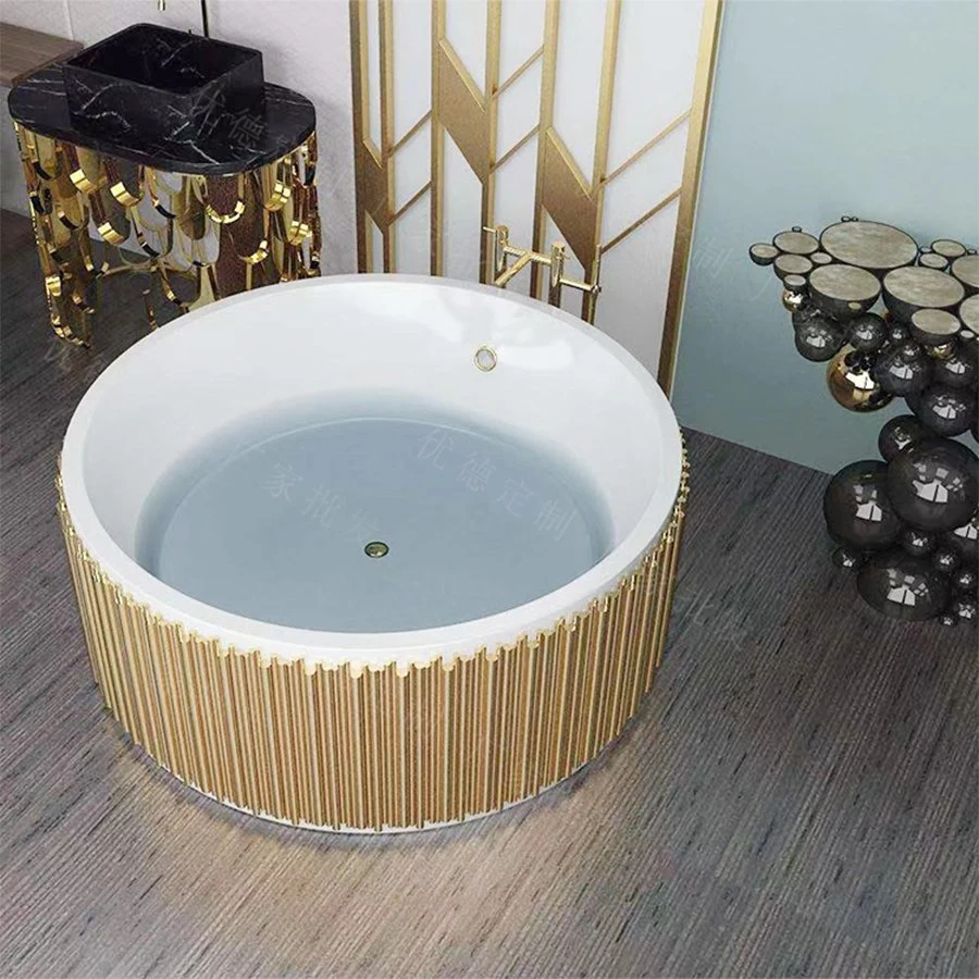 Luxury Gold Stainless Steel Frame Freestanding Acrylic White Circular Bathtub Modern Bathroom Furniture