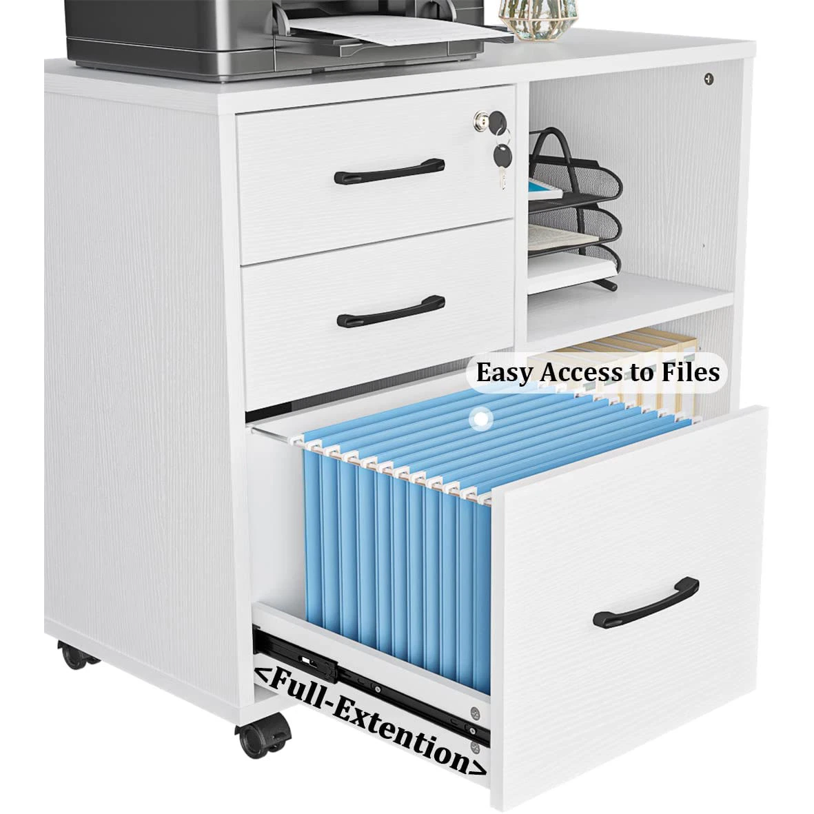 3 Drawer Office File Cabinets, Mobile Lateral Printer Stand with Open Storage Shelf, Rolling Filing Cabinet with Wheels