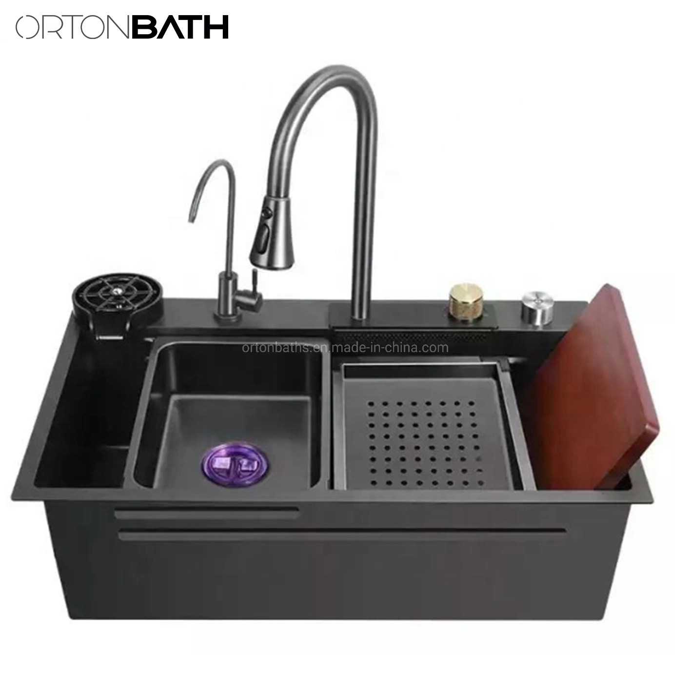 Ortonbath New Trending Black Step Kitchen Sink 304 Stainless Steel Handmade Above Faucet Farmhouse Kitchen Sink Set Black