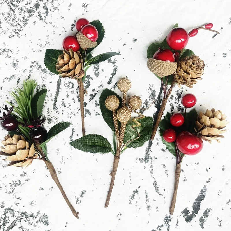 Christmas Decoration DIY Accessories Artificial Red Berry and Pine Cone Picks Set