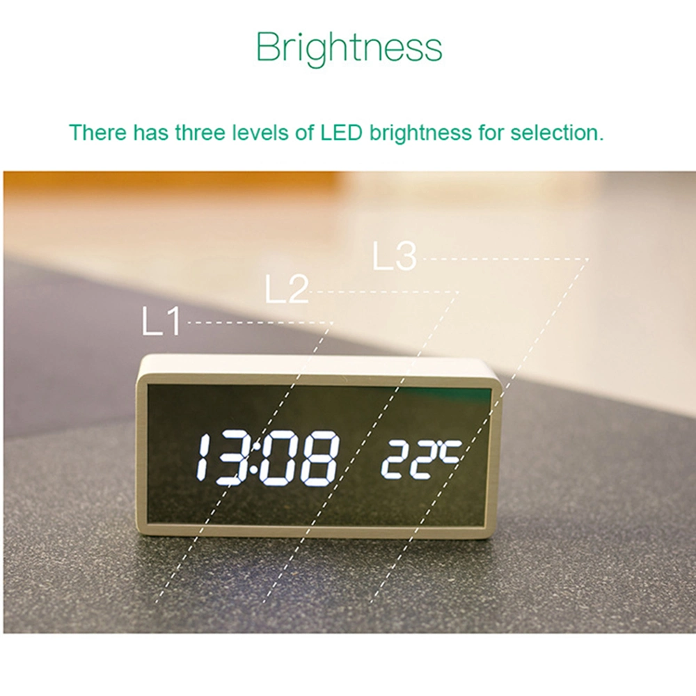 Modern Table Mirror LED Alarm Clock with Temperature Display Wood Effect Frame