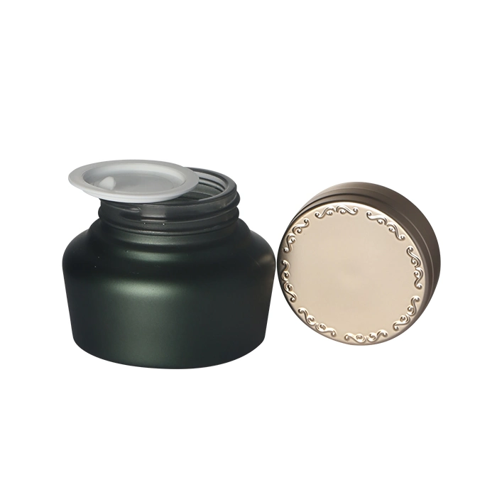 Glass Jar 30g 50g Solid Green Color Matte Gold Embossed Cap Round Shoulder