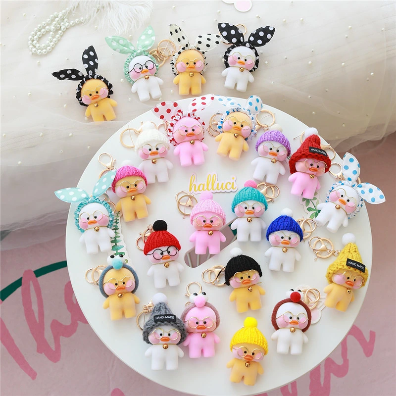 Kawaii Lalafanfan Cafe Duck Pendant Keychain Cartoon Cute Duck Car Decor Animal Dolls Girl Toys Birthday Gift for Children