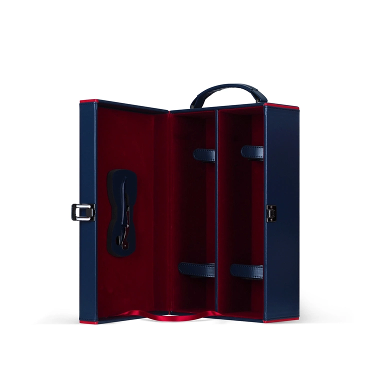 Wholesale/Supplier Diamonds Decorate Blue Leather Wine Gift Box with Corkscrew for Double Wine Champagne Bottle Packing