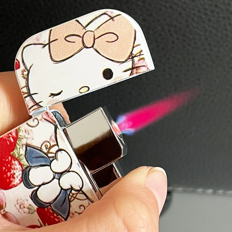 Luminous Shiny Hello Kitty Cartoon Pattern Lighter Woman Gift Gas Windproof Lighter