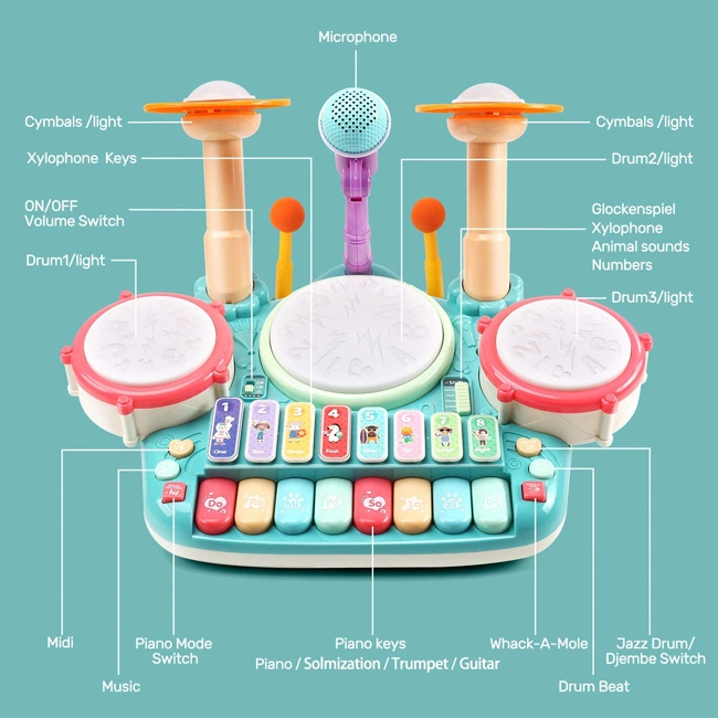 5in1 Musical Instruments Toys Kids Electronic Piano Keyboard Xylophone Include 2 Microphones with Light Multifunctional Drum Toy