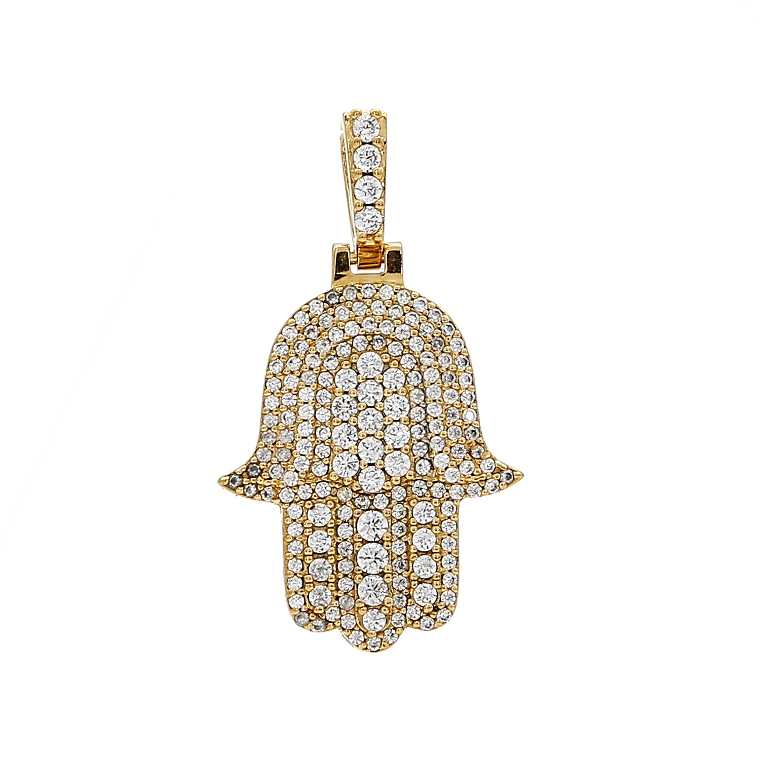 Pendentif en diamant glacé à main de Hamsa pour hommes en or jaune 14 carats / pendentif en CZ.