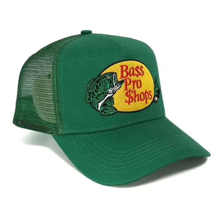 Wholesale/Supplier Fashion Fish Embroidery Patch Logo Green Fishing Hat 100% Cotton with a Mesh Back Trucker Cap Gorras Outdoor Bass PRO Shops Trucker Hat