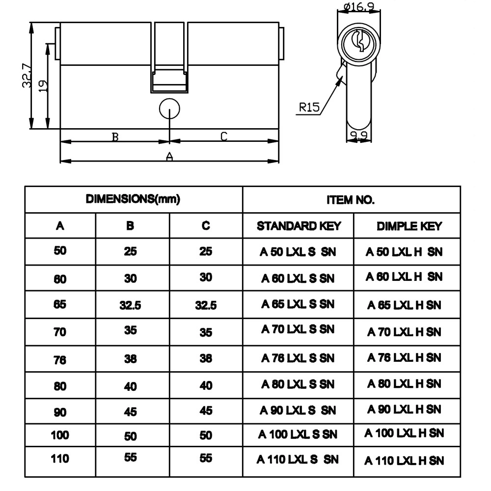 50-120mm Length Brass Security Door Lock Cylinder for Mortise Locks