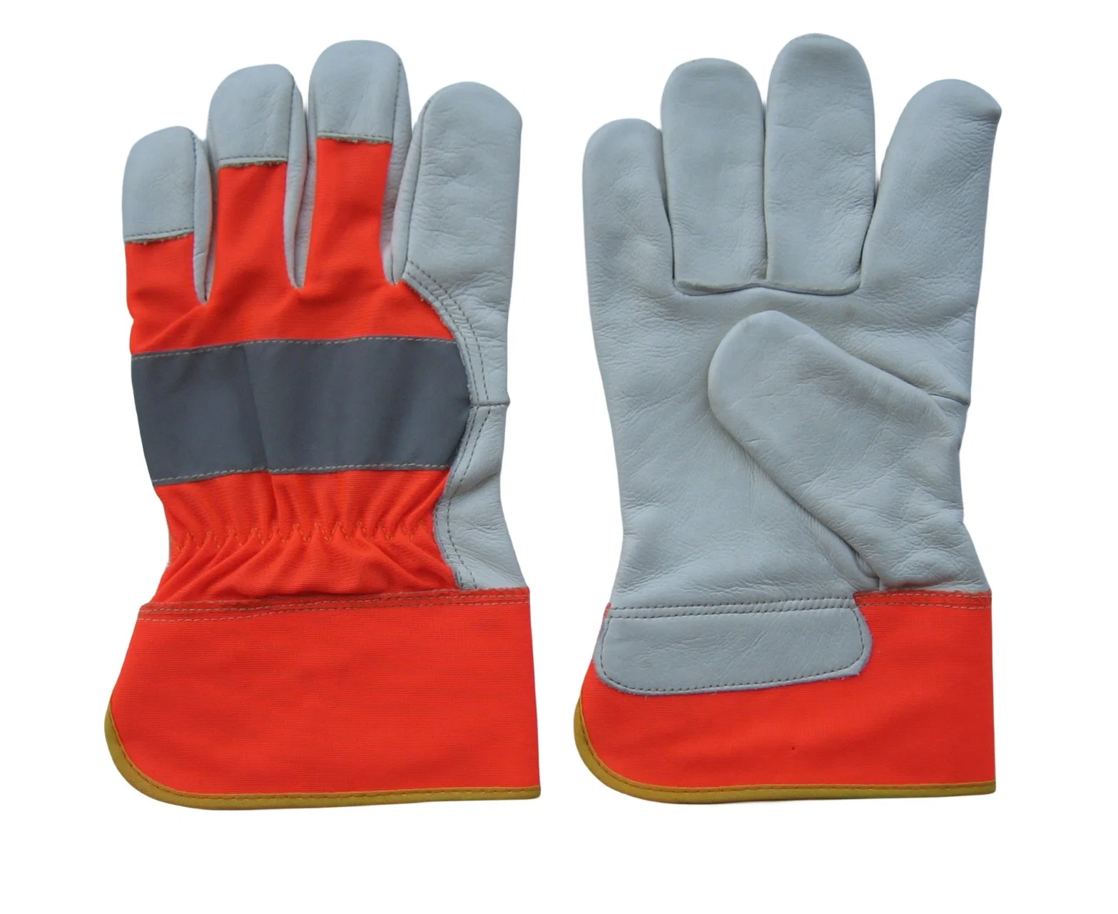 Hi-Vis Cow Grain Leather Full Palm Orange Color Fabric Back Work Glove