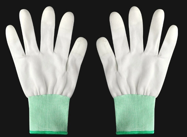 White Nylon Labor Protection Non-Slip PU Finger Top Coated Gloves