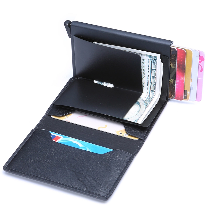 Carteiras Slim de Couro PU com Clipe de Dinheiro Pop-up Automático para Cartão de Crédito