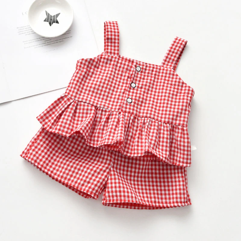 2023 Girls Outfits Baby Clothing Sets Summer Plaid Sling T-Shirt Top Shorts 2PC Princess Suit Kids Clothes