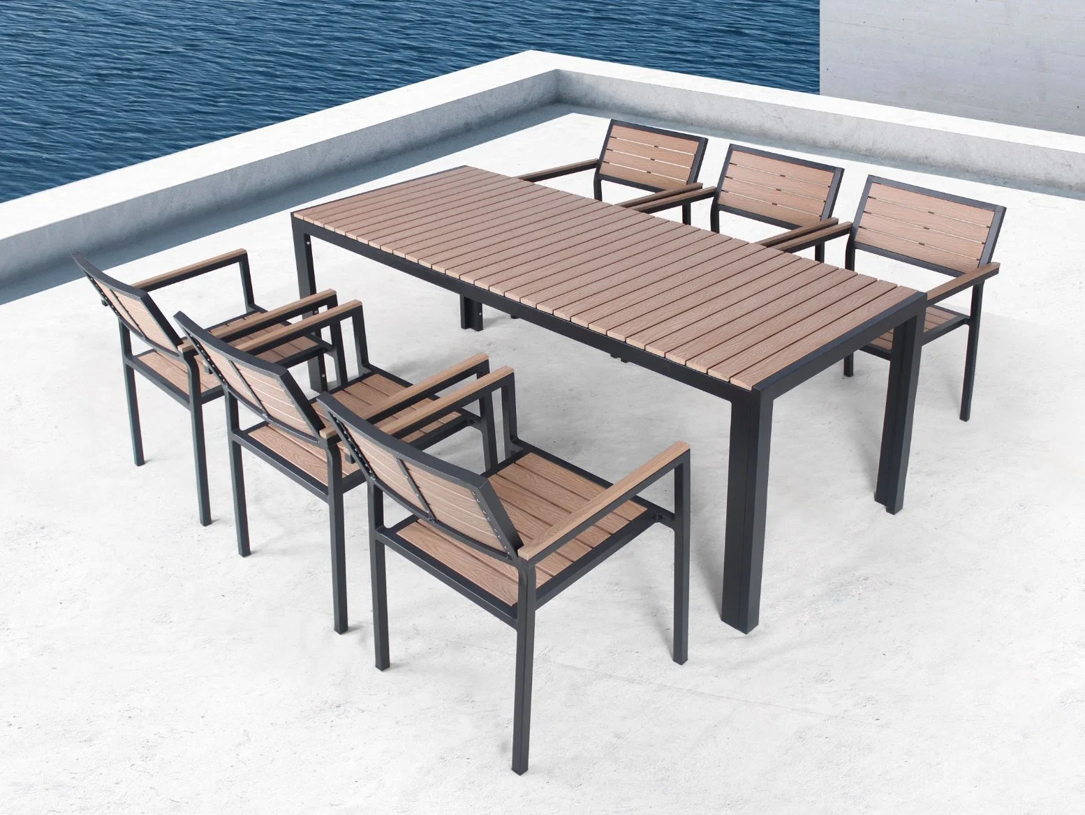 مطعم خارجي 7 قطع مقاعد طاولة بلاستيكية خشبية وأثاث حديقة مجموعة مطاعم