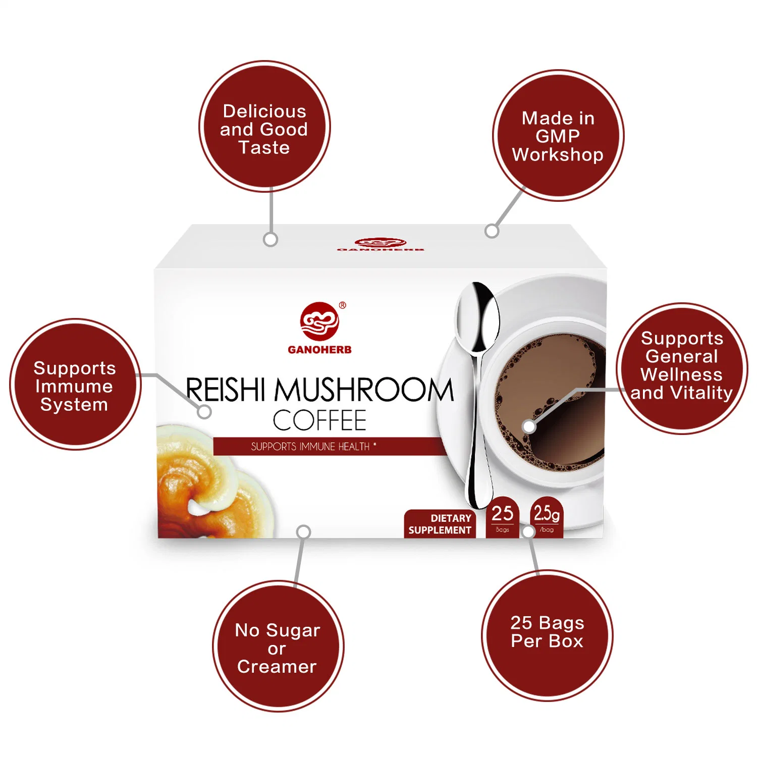 Venda por grosso Ganoherb Cogumelo Reishi Ganoderma café Café para apoiar a saúde imune