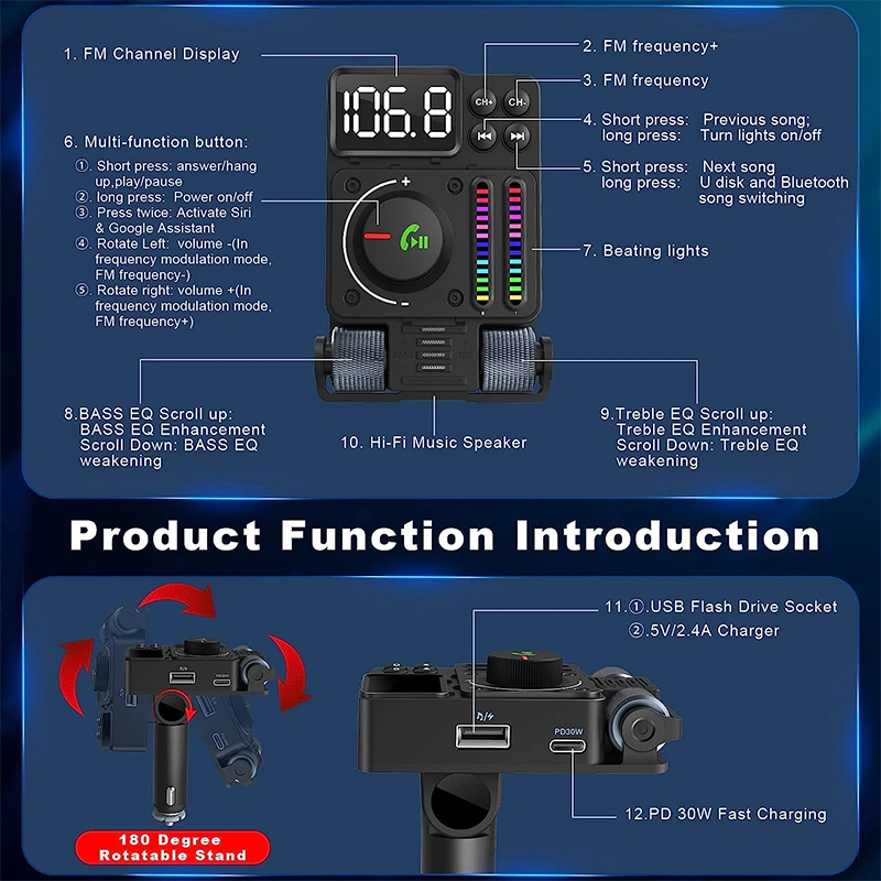 2023 Hot Sale Bluetooth 5.3 FM Transmitter Pd30W Type C Bluetooth FM Transmitter with Fast Charge & USB Port