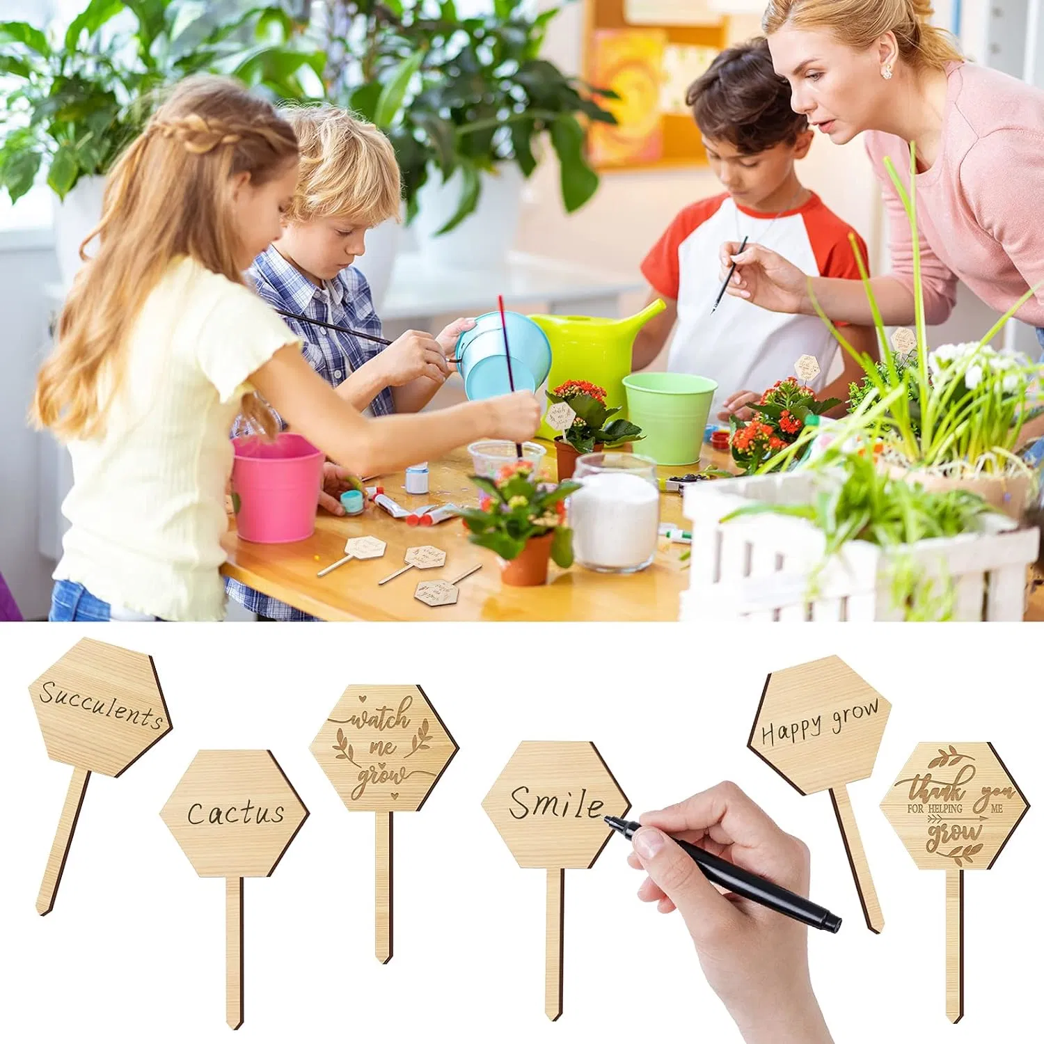 Custom Yard Sign Beautiful Garden Decoration Markers Hexagon Plant Stakes Wooden Labels for Seed Flowers Garden Potted Plants