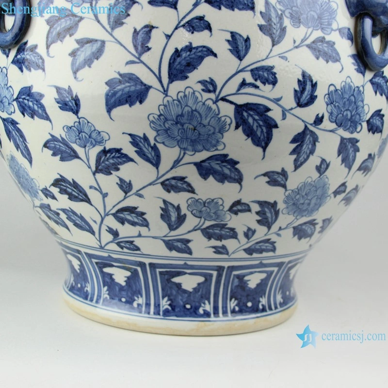 China Jingdezhen Blue and White Fishbowl Porcelain Planter with Lion Head Home Garden Ceramic Flower Pot Fish Pond