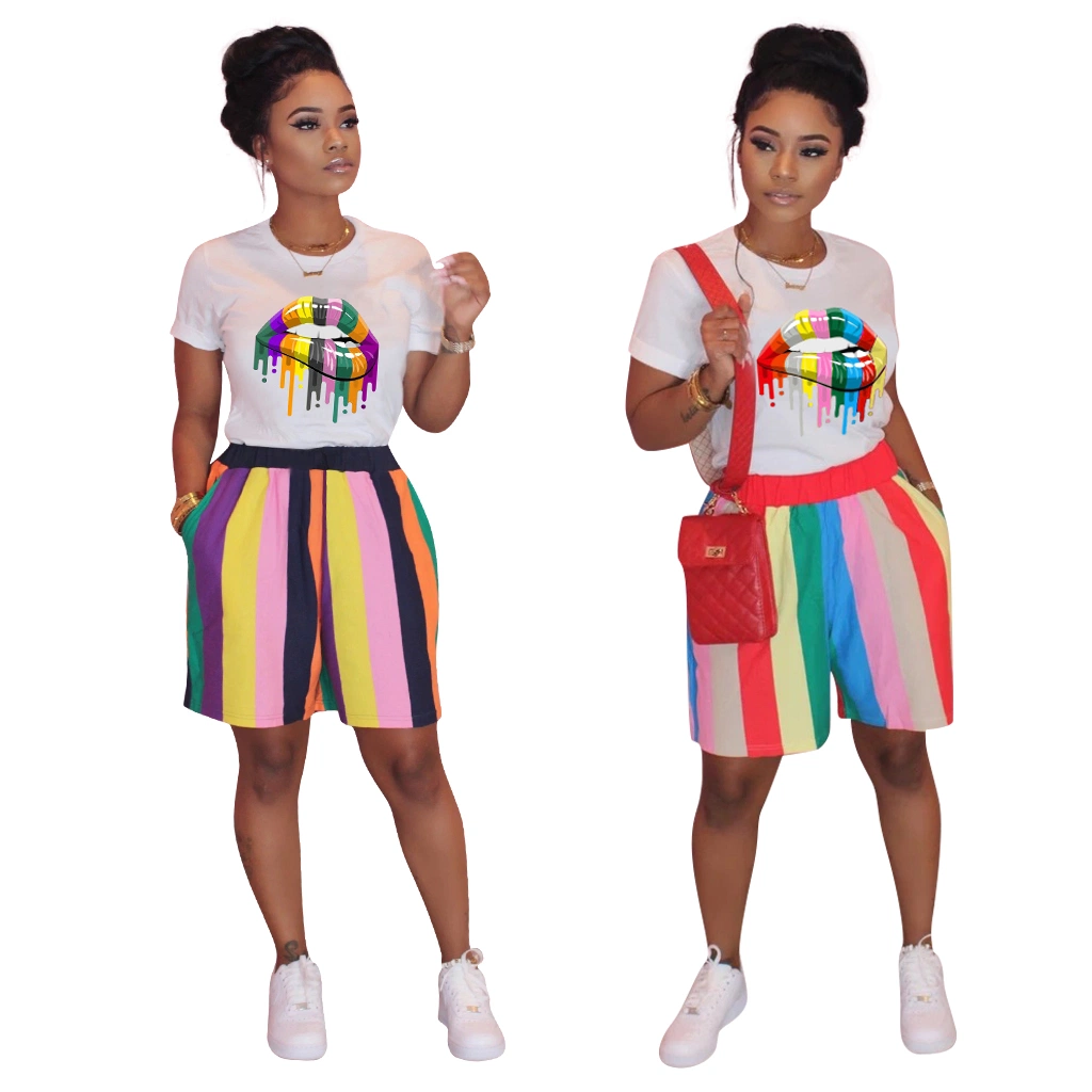 L287939 Casual Lips Stripe Print Sports Short Sleeve Shorts Set Basketball Jersey Cheap