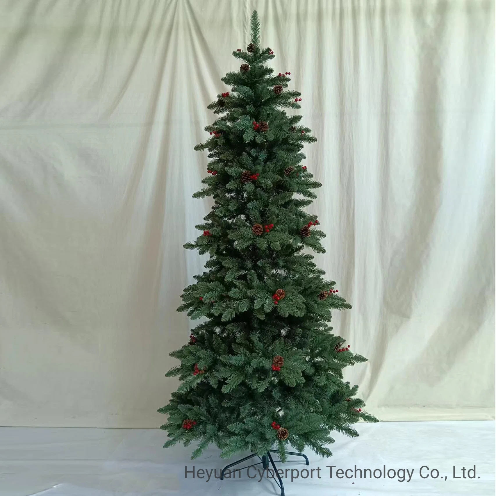 Diseño personalizado a mano artificial árbol batientes verde 7FT/7.5FT Pre-Lit lujo Árbol de Navidad de PVC con bayas rojas y los conos de pino