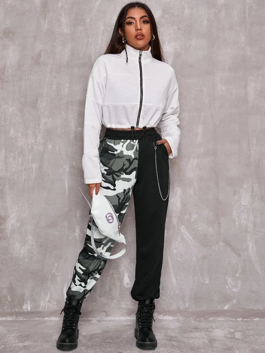 2021 New Fashion Street Style Chain Detail Color Block Camo Pants