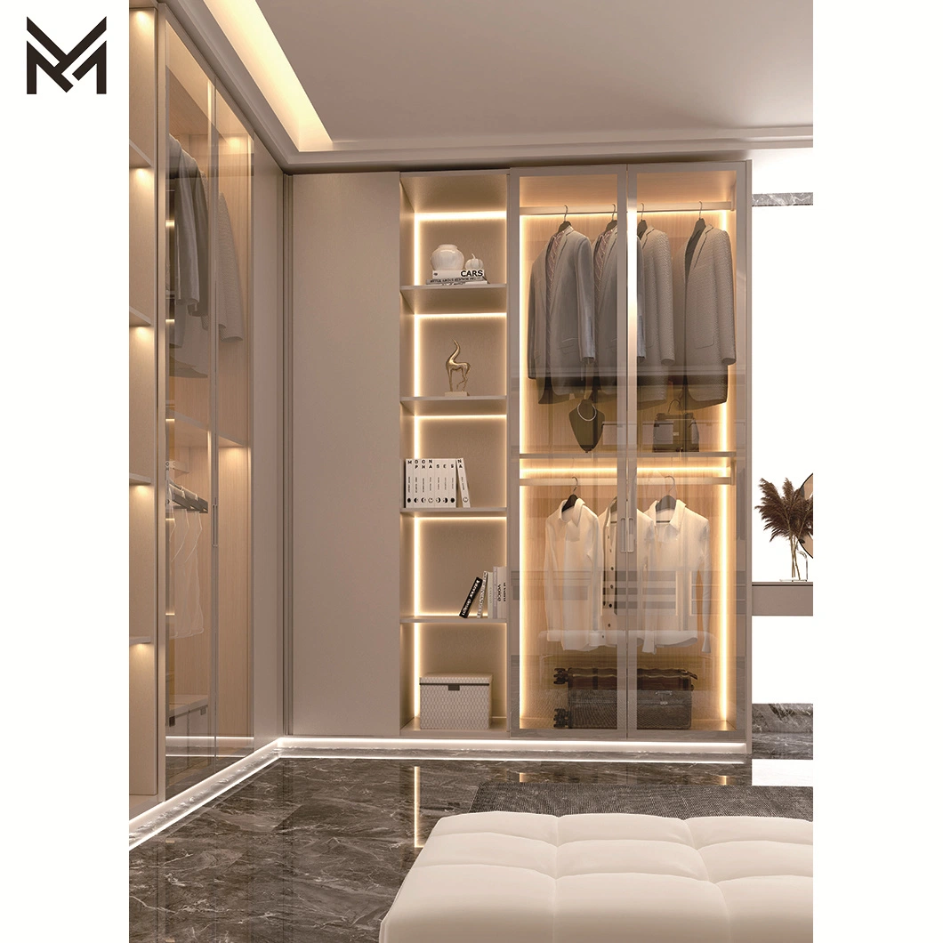 Custom Modern Gehärtetem Glas Tür Schlafzimmer Schrank Villa Hotel Schlafzimmer Möbel Luxus begehbarem Kleiderschrank mit Schuhregal