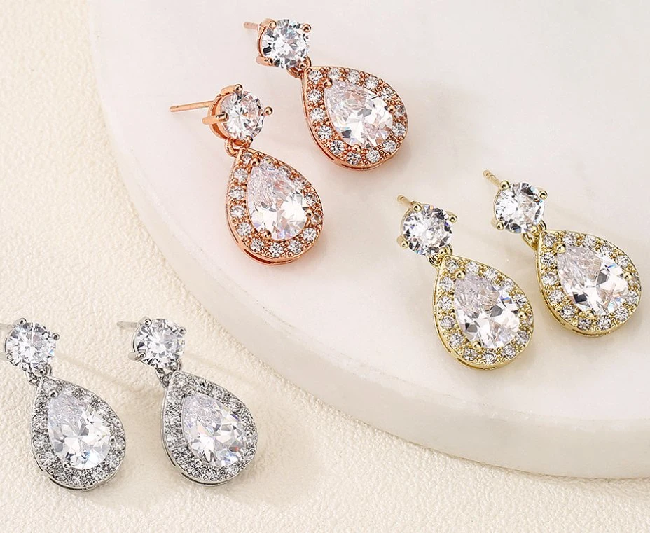 Rose Gold Teardrop Pear Shape CZ Necklace Pierced Earrings Women. Wedding Jewelry Sets