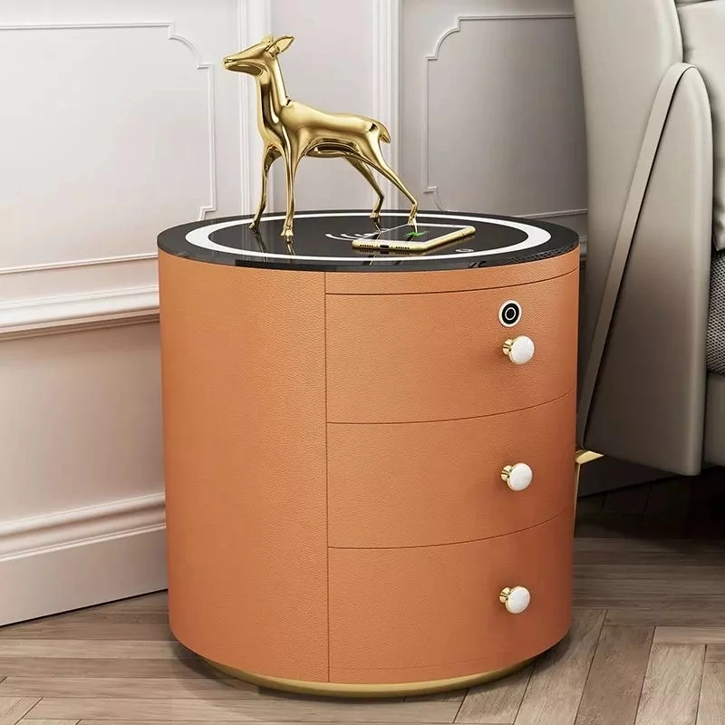 New Round Design Smart Bedroom Nightstands Touch LED Lights Modern Smart Leather Finish Bedside Table