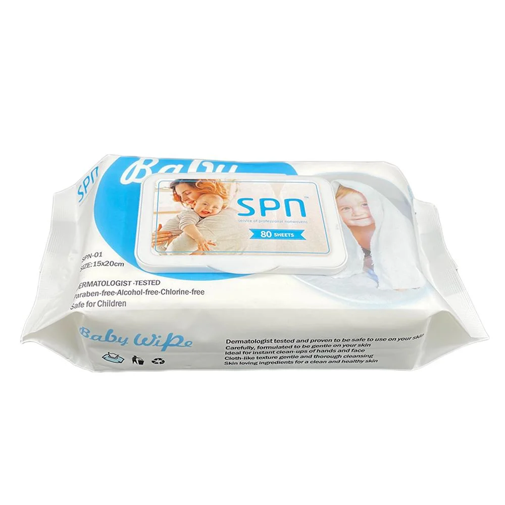 Fábrica Venta directa etiqueta privada biodegradable Baby Wet Tissue 80 Contar toallitas blandas no tejidas para bebés con tapa Bebés Limpieza de la piel Limpieza de tejidos húmedos Toallas húmedas