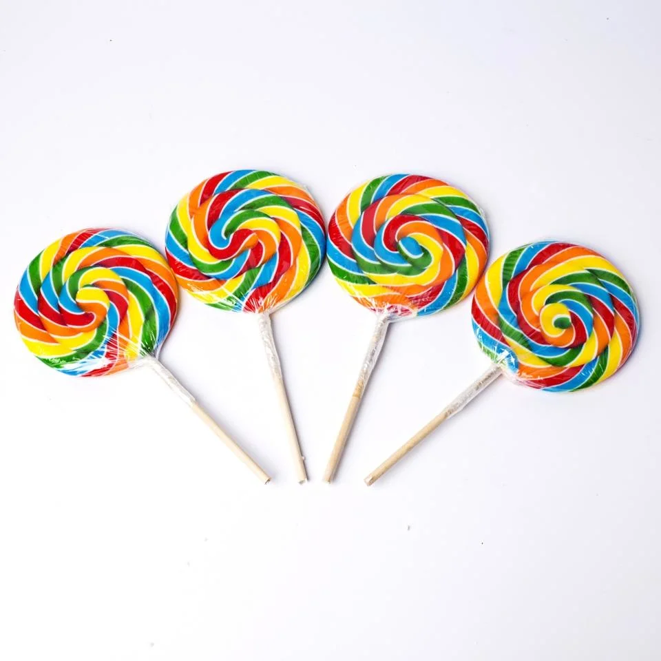 hecho personalizado fábrica 85g Lollipops plana redonda llena la bandeja en la pantalla