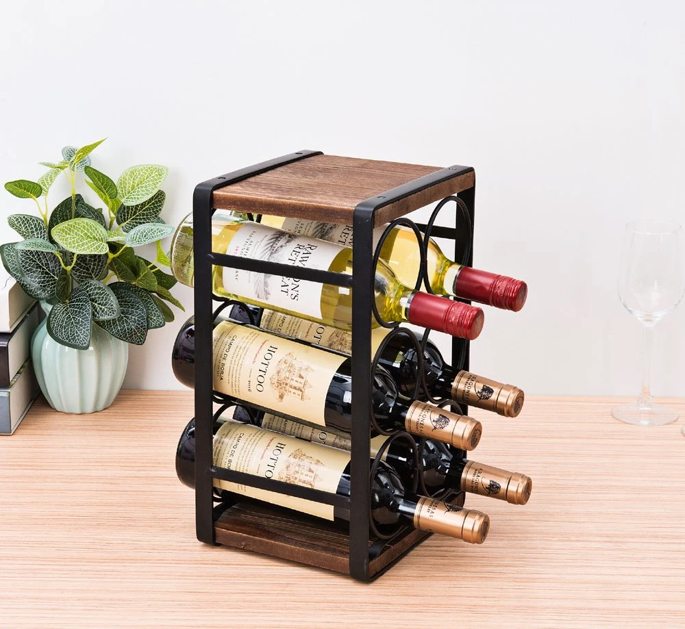 Rustic Wood Countertop Organizer 6 Bottles Display No Need Assembly Wine Rack