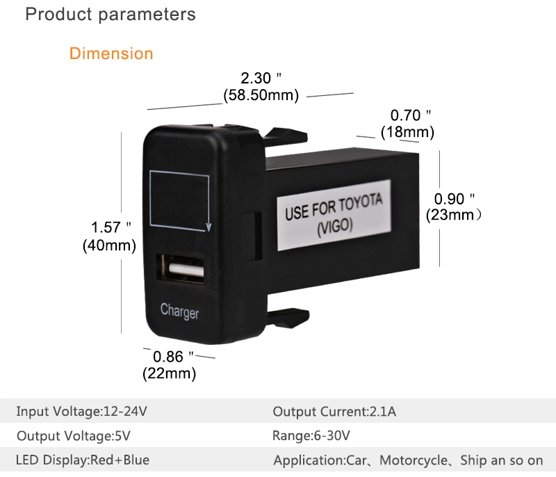 5V 2.1A USB Cargador de coche zócalo con voltímetro digital Adaptador para Toyota Vigo