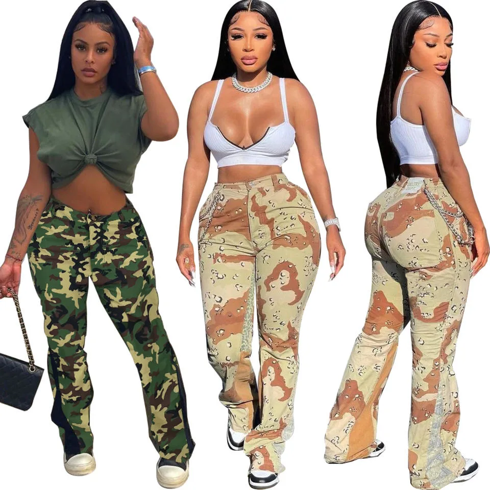 Yinien 2022 Women Camouflage Pants Printed Long Trousers Fall Casual Sweatpants Street Style Ladies Flare Cool Cargo Stack Pants