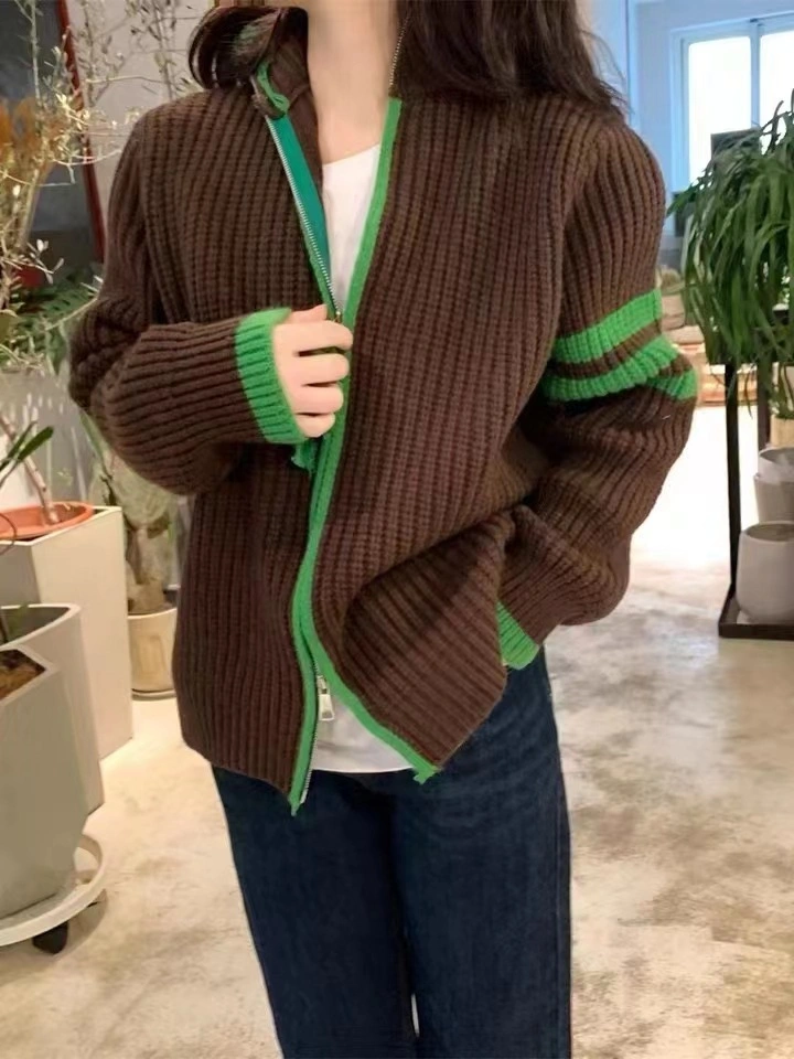 Double Zipper Knitted Coat Female 2023 Contrasting Color Stripe Stitching Loose and Thin Stand-up Collar Knitted Cardigan Outside to Put on Top