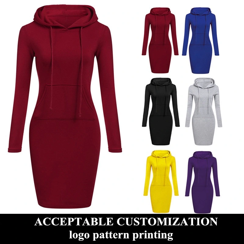 Popular Fall Solid Color Drawstring Sweater Dress Warm Fashion Plus Size Casual Hoodie Dresses