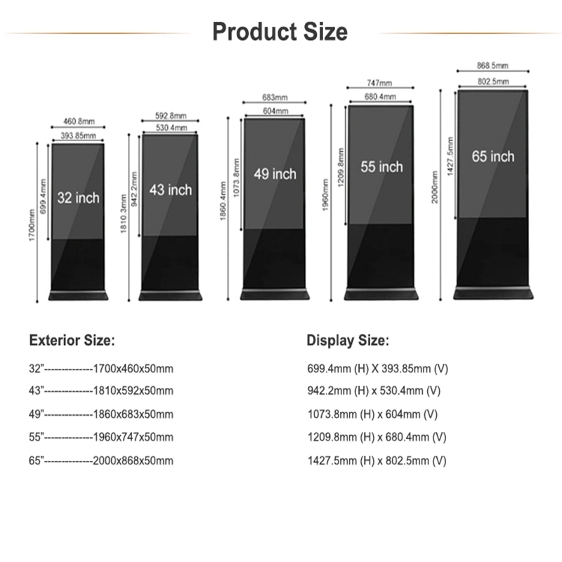 4K de OEM en el interior de las pantallas de LCD táctil de 43 pulgadas el soporte de suelo Android OS Digital Signage y muestra