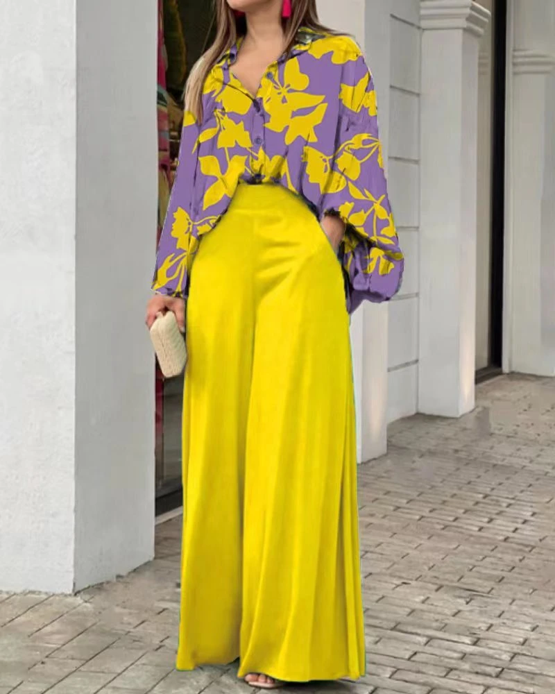 2023 Mulheres da mola da calça casual definir dois Conjunto de peça solta Manga Longa Camisas de cintura elevada Wide-Leg Pants Fashion Pants Suits