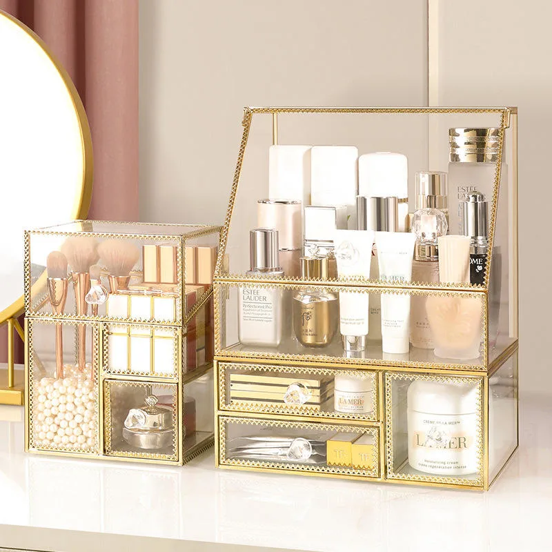 Makeup Organizer Luxury Gold Metal Glass Brush Acrylic Desk Perfume Vanity Holder Make up Cosmetic Storage Box