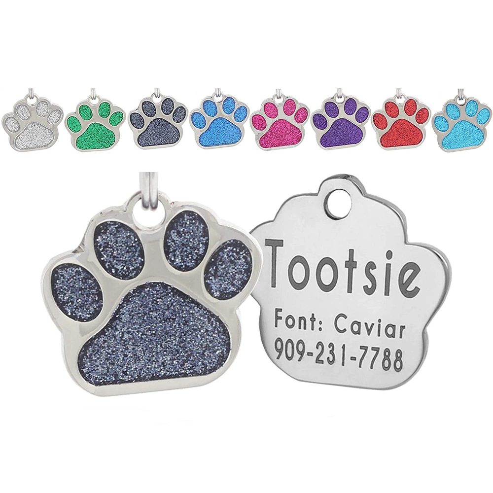 Custom Engraved Cute Glitter Dog Tag Paw Print Pet Tag Laser Etched Personalized Dog Name ID Tag Dog Pendanthot Sale Products