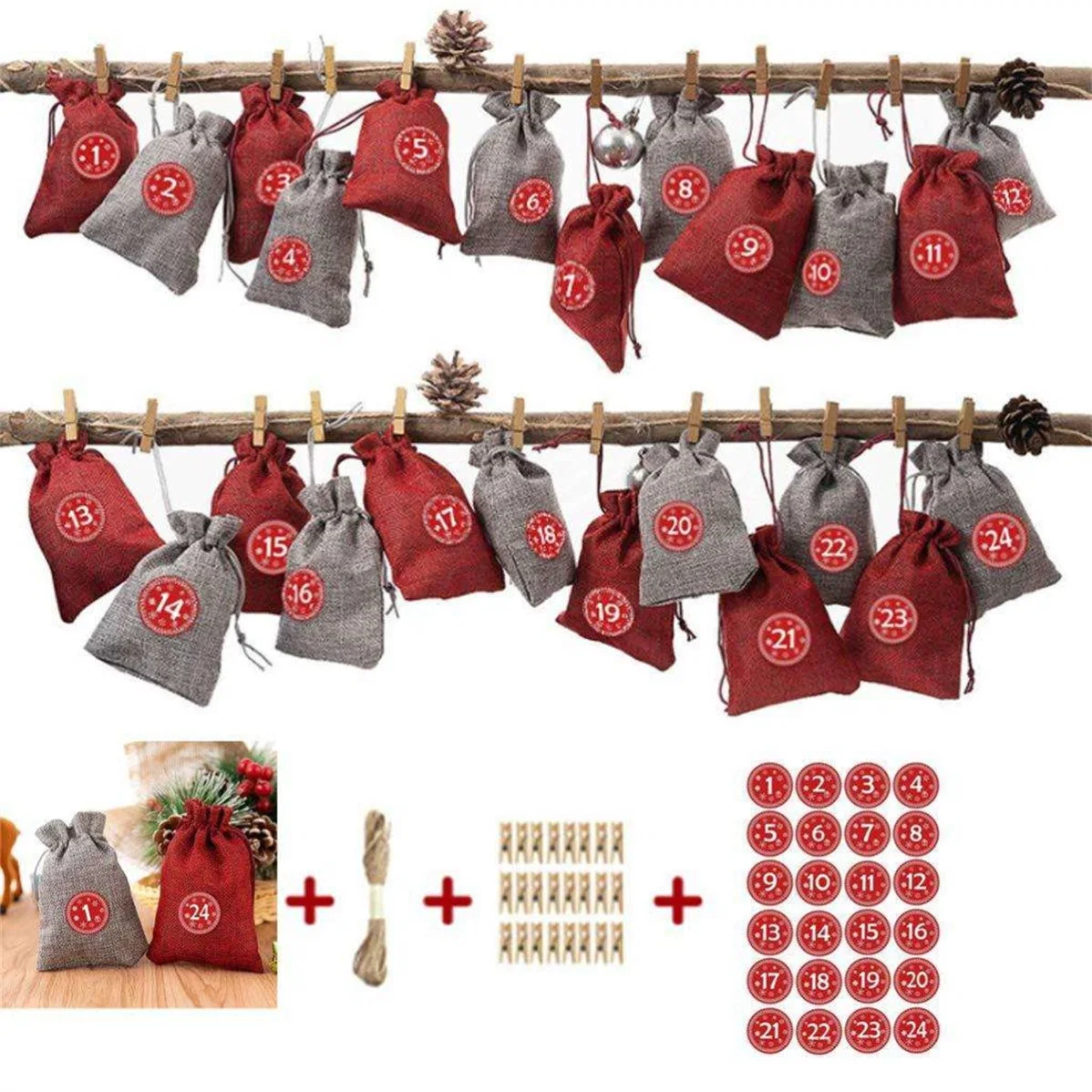 Christmas Calendar Xmas Countdown with 24 Pieces Drawstring Christmas Bags Party Decoration